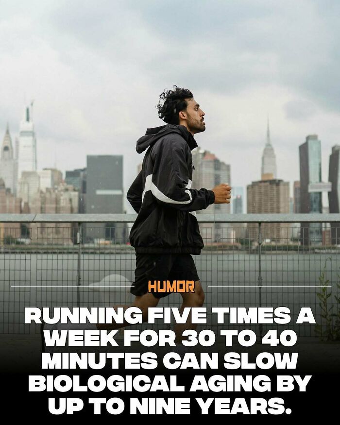 Man jogging by the city skyline illustrating facts to satiate brain craving new knowledge about health and aging.