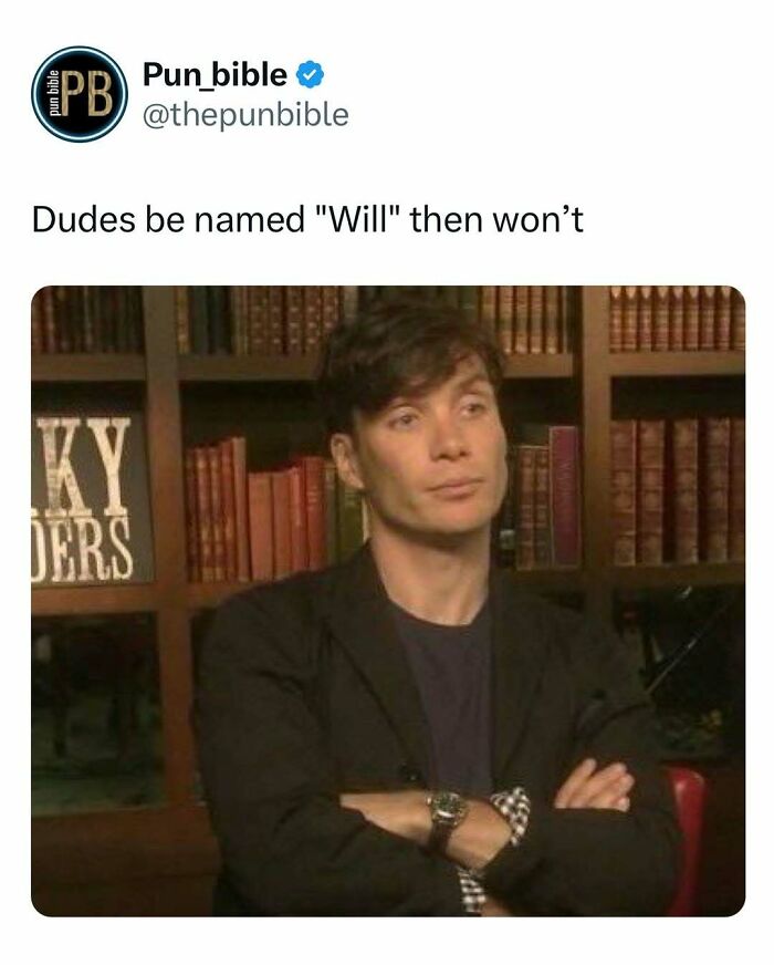 Tweet from Pun_bible with a pun meme featuring a man with crossed arms and an unimpressed expression about wordplay humor.