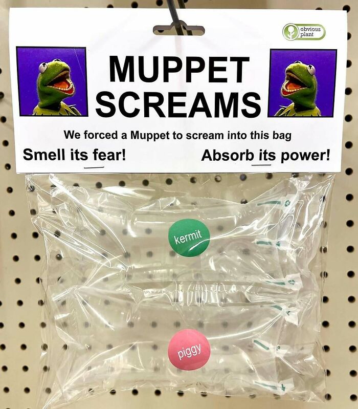 Fake product packaging labeled Muppet Screams with humor, part of a guy sneaking fake products into real stores.