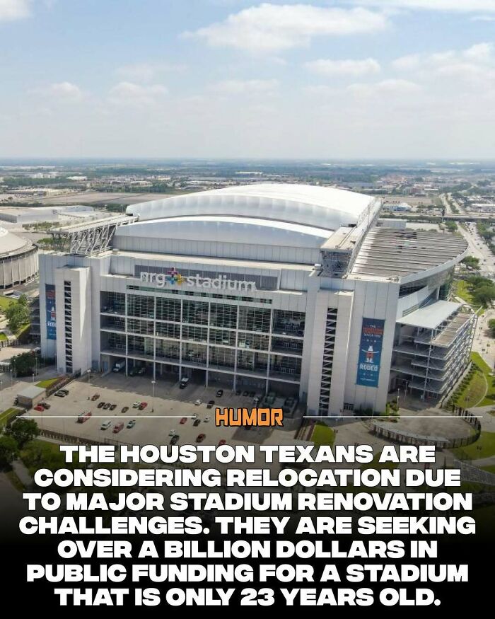 Aerial view of NRG Stadium with text about Houston Texans stadium renovation challenges and funding needs.