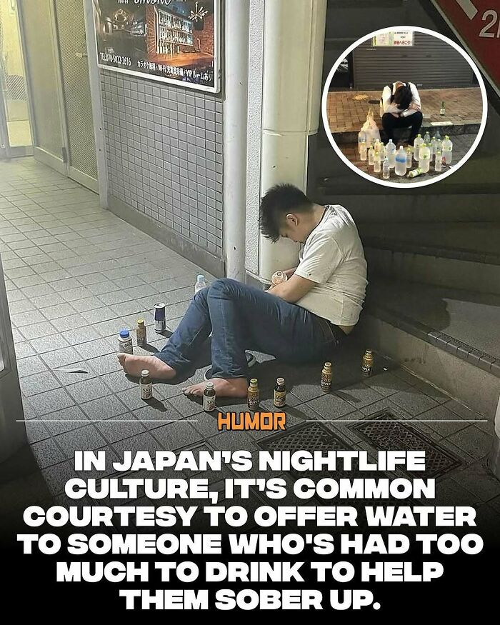 Person sitting on sidewalk surrounded by bottles, illustrating a fact about Japanese nightlife culture and sobering customs.