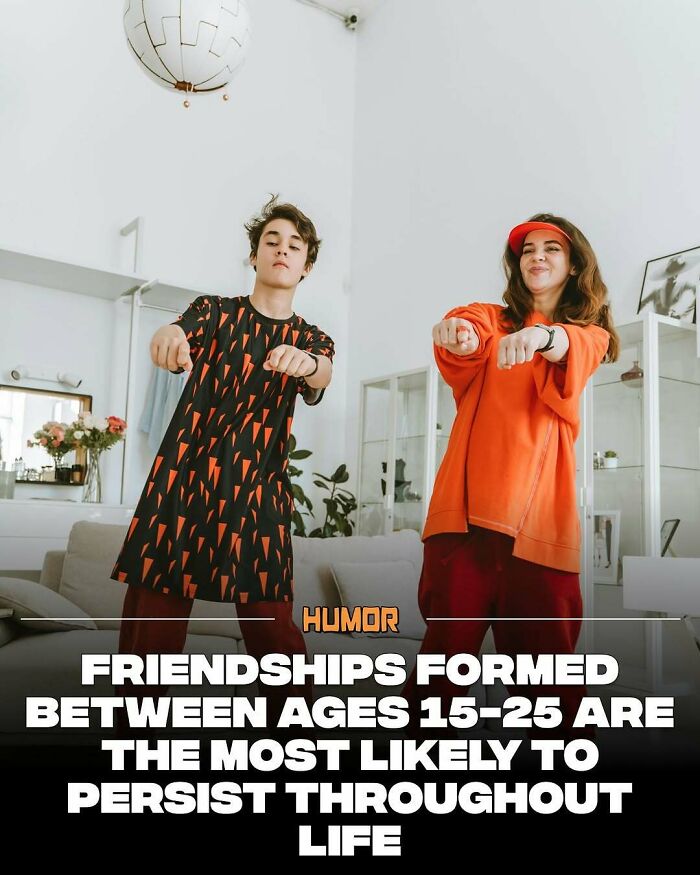 Two young people dancing indoors illustrating brain craving new knowledge with facts about lasting friendships between ages 15-25.