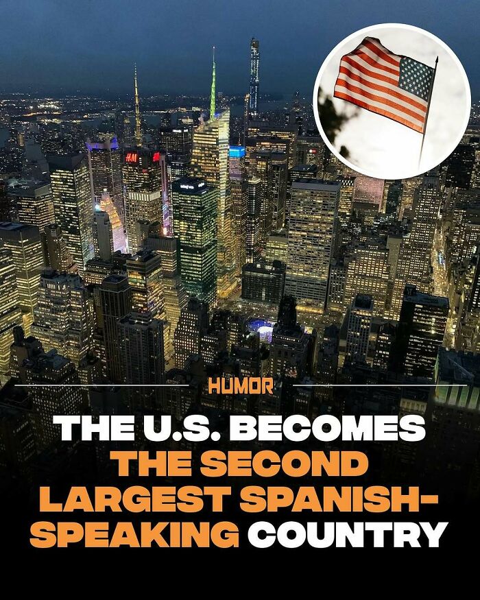 Night cityscape with skyscrapers and an American flag inset, highlighting facts about the U.S. as a Spanish-speaking country.