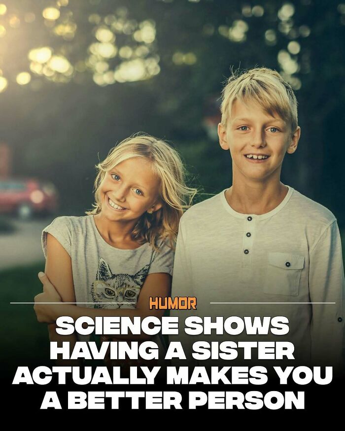 Two smiling children, a boy and a girl, with text about science facts improving character by having a sister.