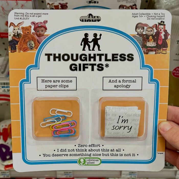 Packaging of fake Thoughtless Gifts showing paper clips and a formal apology, part of funny fake products sneaked into real stores.