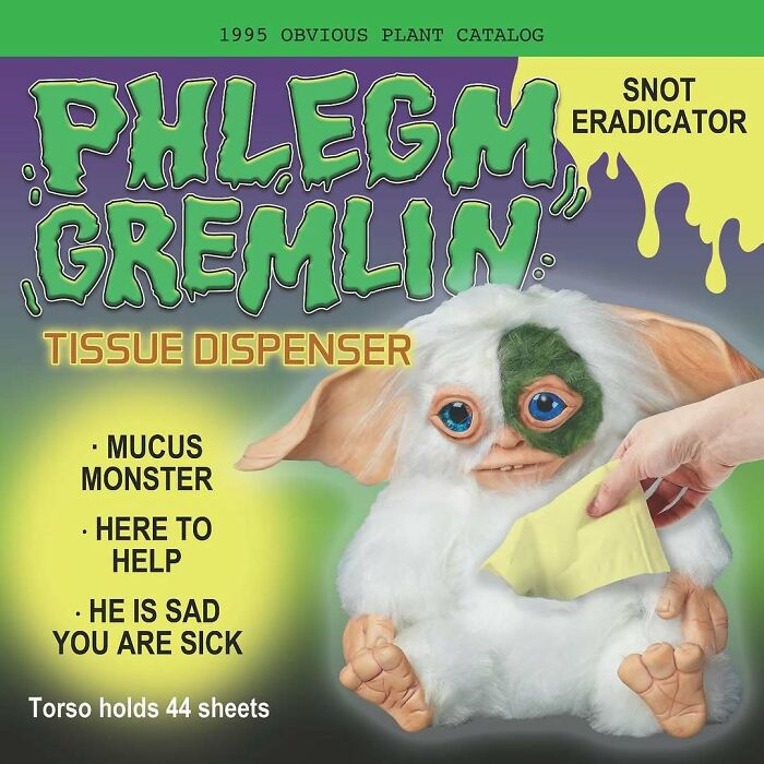 Phlegm Gremlin tissue dispenser mock product by guy sneaking fake products into real stores, shown with yellow tissue and green snot design.