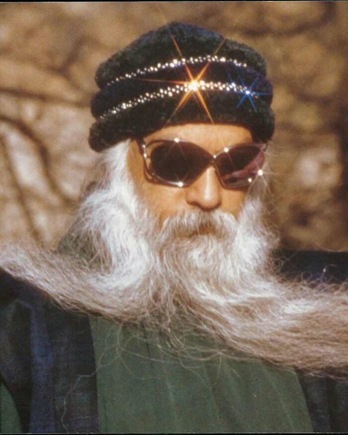 Man with long white beard and sparkling sunglasses wearing a bejeweled turban in a nature setting, animals theme.