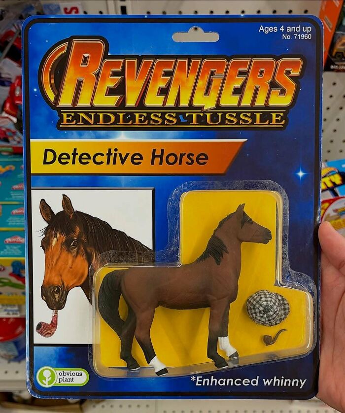 Fake product packaging of a detective horse toy named Revengers with pipe and hat, humorously sneaked into real stores.