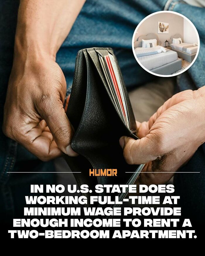 Hands holding an empty wallet with facts about minimum wage not covering a two-bedroom apartment rent.