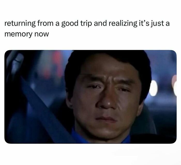 Man with relatable energy looking sad and reflective after returning from a good trip now just a memory.