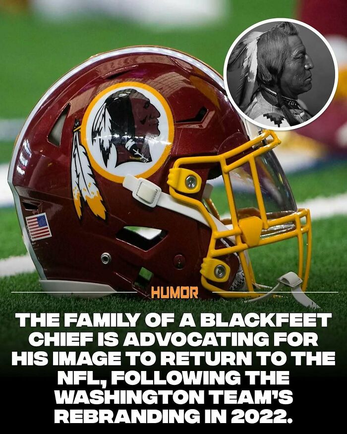 Football helmet featuring a Blackfeet chief image alongside text about advocating for the image's return to the NFL.