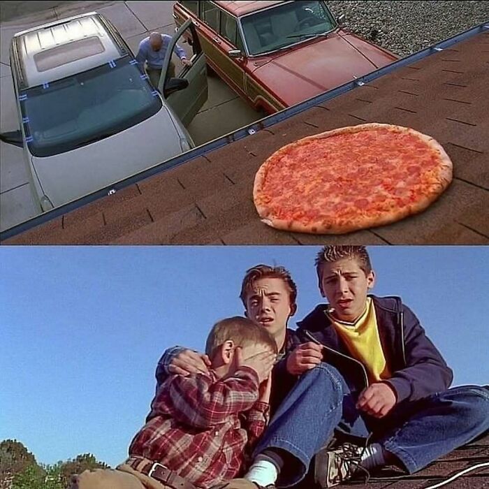 Scene from a movie showing a pizza on a roof with three boys reacting, related to bizarre nature and animals fun facts.