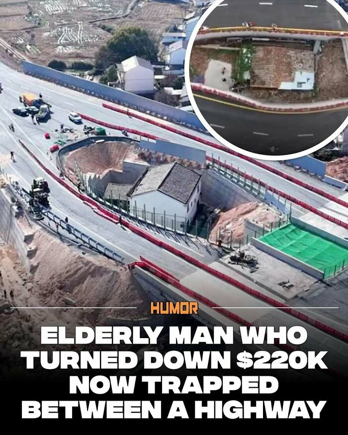 Aerial view of a house trapped between highways with construction work around, illustrating interesting facts for knowledge craving.