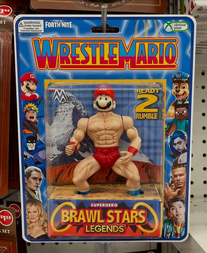 Fake Wrestle Mario action figure with exaggerated muscles in packaging at real store, part of sneaky fake products collection.
