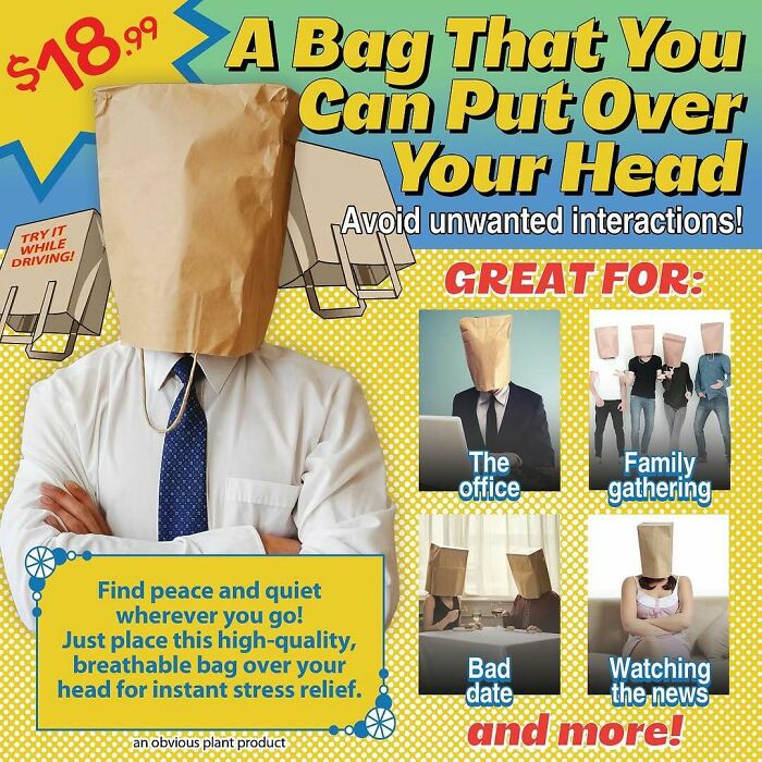 Man wearing a paper bag over his head promoting a funny fake product to avoid unwanted interactions in stores.