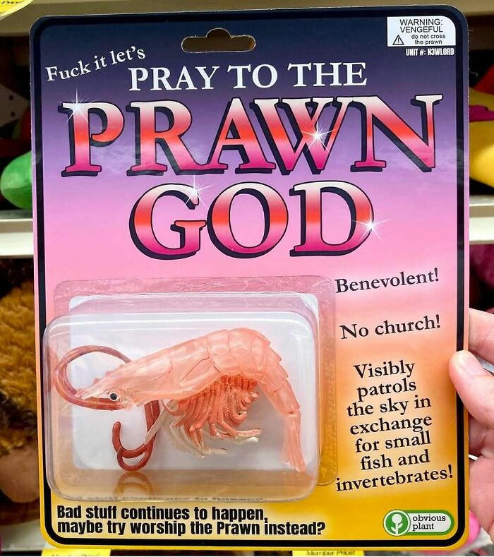 Packaging of a fake novelty toy called Prawn God, part of guy sneaks fake products into real stores collection.