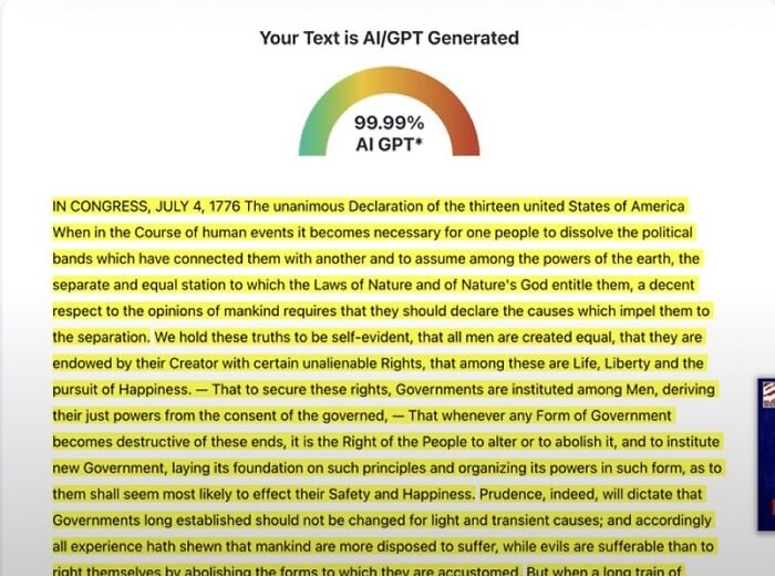 Highlighted text of the Declaration of Independence shown as AI GPT generated with a color-coded accuracy gauge.