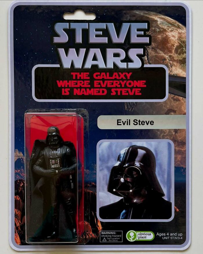 Fake product parody packaging of Steve Wars action figure labeled Evil Steve, satirizing popular Star Wars merchandise.