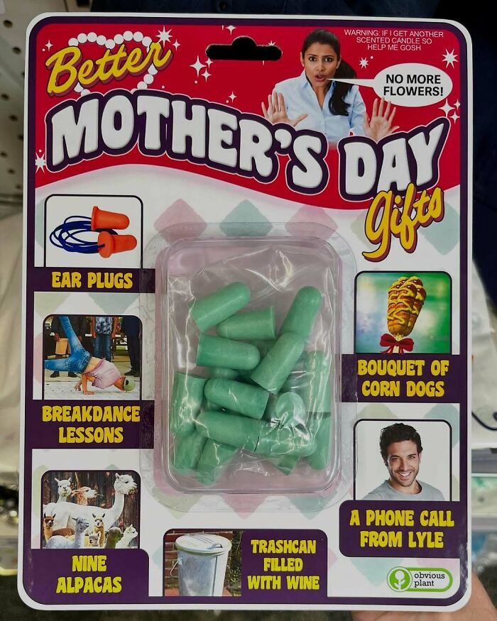 Package of funny fake Mother's Day gifts including ear plugs, breakdance lessons, and bouquet of corn dogs, part of fake products in stores.