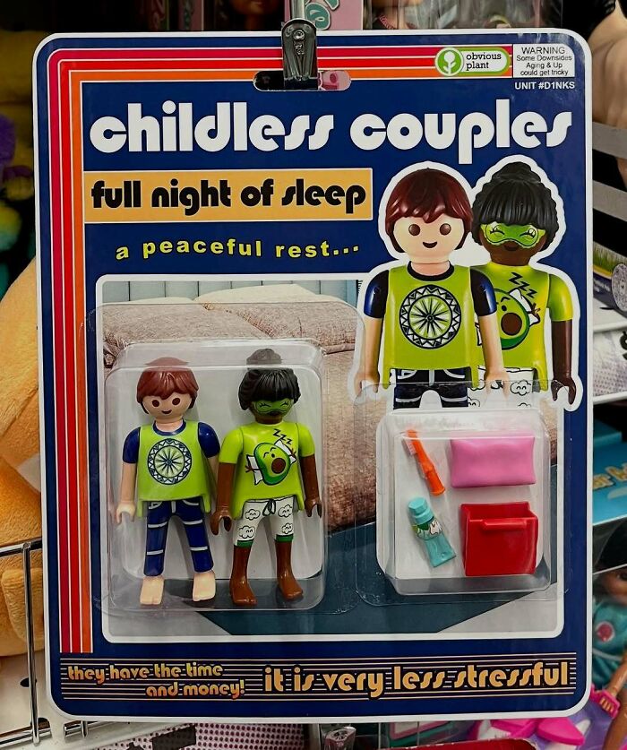 Toy packaging labeled childless couples with funny fake products promoting full night sleep and peaceful rest.