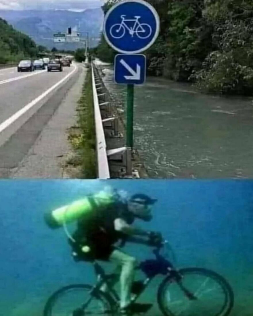 Bike lane sign directs cyclists into a river, with a diver riding a bike underwater in a bizarre yet hilarious scene.