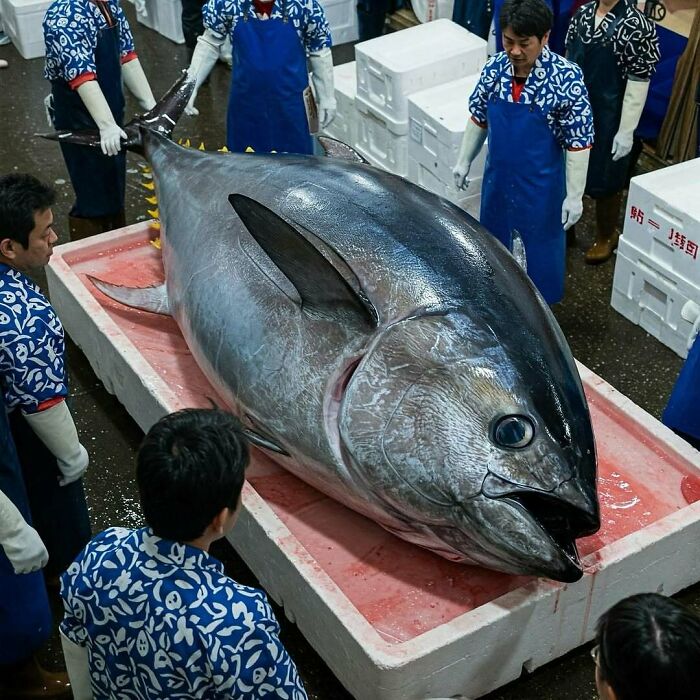 Large tuna fish on display with workers in blue aprons at a fish market, showcasing nature, animals, and bizarre facts.
