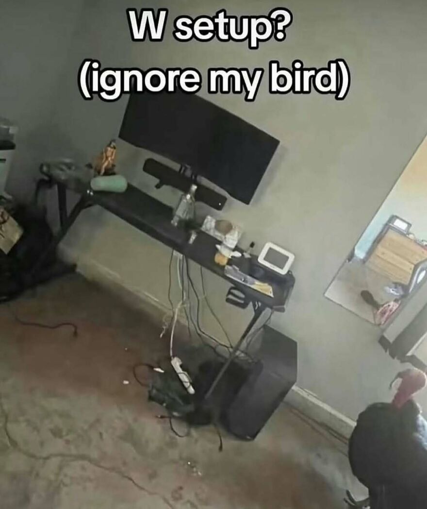 Bizarre computer setup with tilted monitor and cluttered desk, showing unusual arrangement in a messy room.