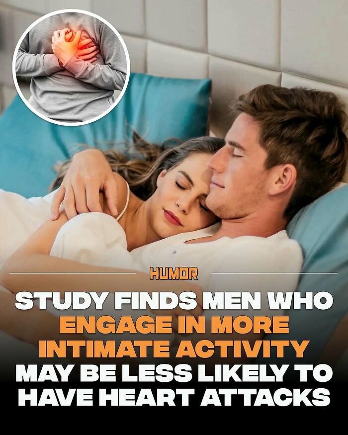Couple resting in bed with inset image of man clutching chest, related to facts about brain and heart health knowledge.