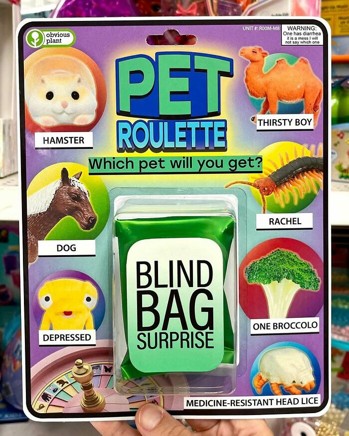 Funny fake pet roulette toy packaging with quirky pet options including hamster, thirsty boy, dog, and broccoli, in real stores prank.