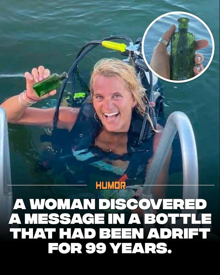 A woman holding a bottle found adrift for 99 years, illustrating facts to satiate new knowledge cravings.