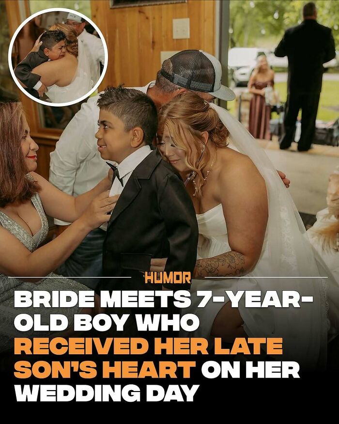 Bride warmly embraces 7-year-old boy, sharing a heartfelt moment that satisfies emotional craving for new knowledge.
