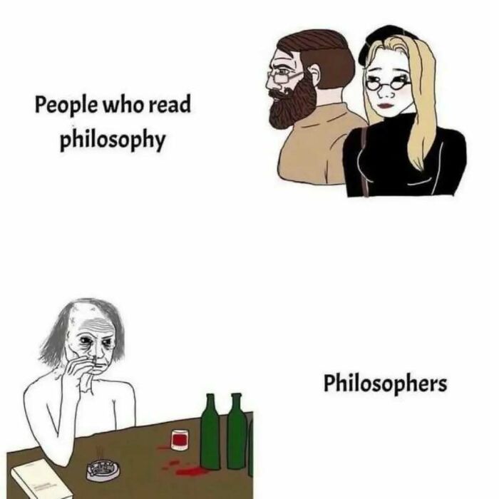 Cartoon contrasting people who read philosophy with worn-out philosophers, highlighting intellectual humor in memes.
