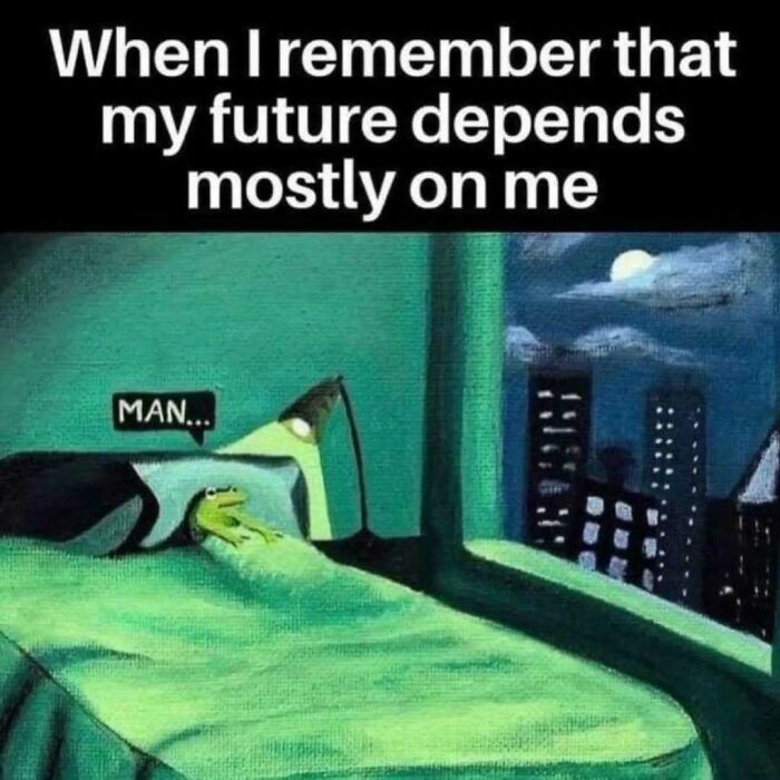 Meme showing a frog lying in bed at night with a lamp, reflecting on how their future depends mostly on them.