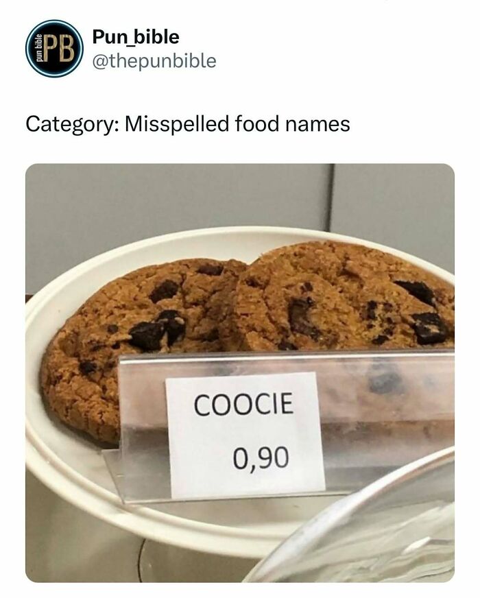 Chocolate chip cookies labeled as coocie on a plate, showcasing a hilarious pun meme with wordplay humor.