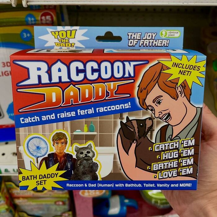 Box of a fake toy product called Raccoon Daddy showing a man and raccoon with net, highlighting spoof fake products in real stores.