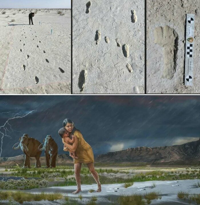Ancient footprints preserved in dry soil with a person examining and a prehistoric scene of a woman carrying a child.