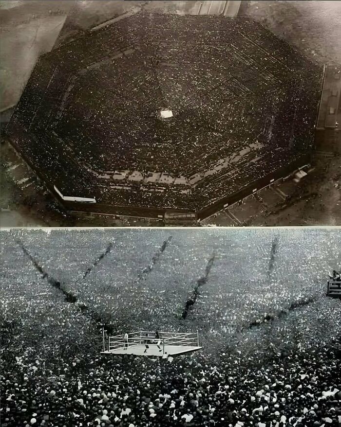 Aerial views of packed crowds at two massive historical boxing events showcasing weird things about history.