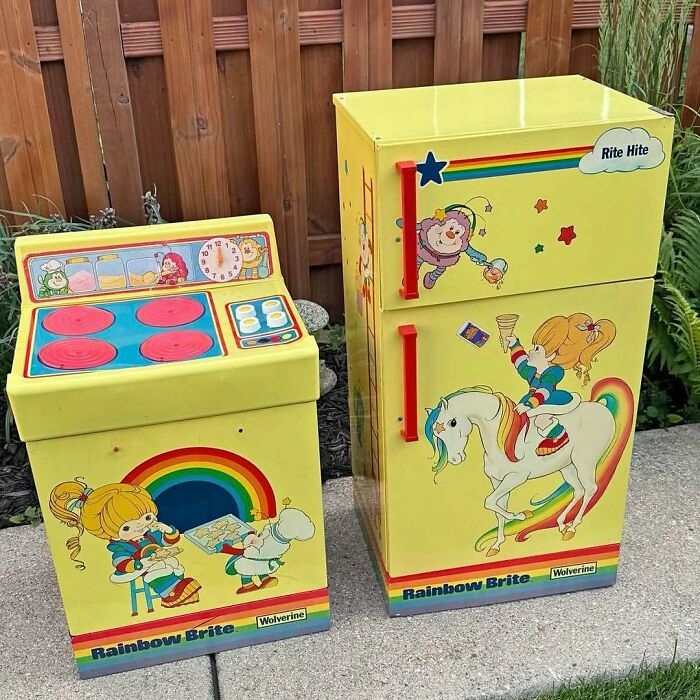 Vintage Rainbow Brite toy kitchen and fridge set in bright yellow, featured among cool secondhand finds for collectors and kids.