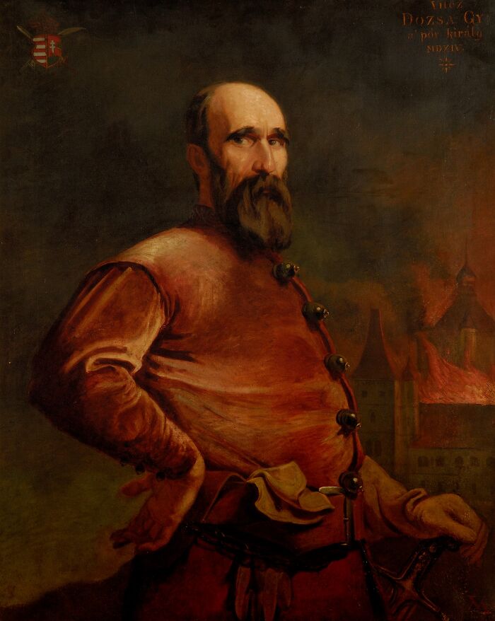 Portrait of a serious bearded man in historical attire with a burning building in the background, illustrating scary Wikipedia articles.