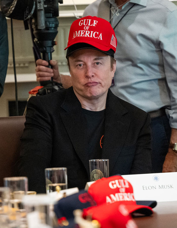 Elon Musk wearing red Gulf of America cap, showing signs of sudden aging amid public feud with Donald Trump.