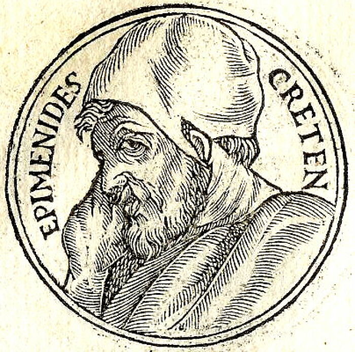 Engraved portrait of Epimenides, representing a famous paradox that challenges logic and puzzles even smart people.
