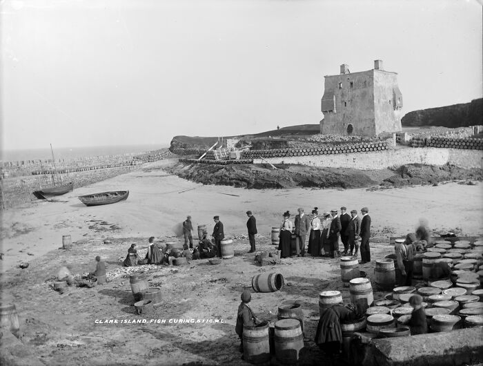 Historic black and white photo of Clare Island coastal scene linked to Grace O’Malley, commanding ships and fighting armies.