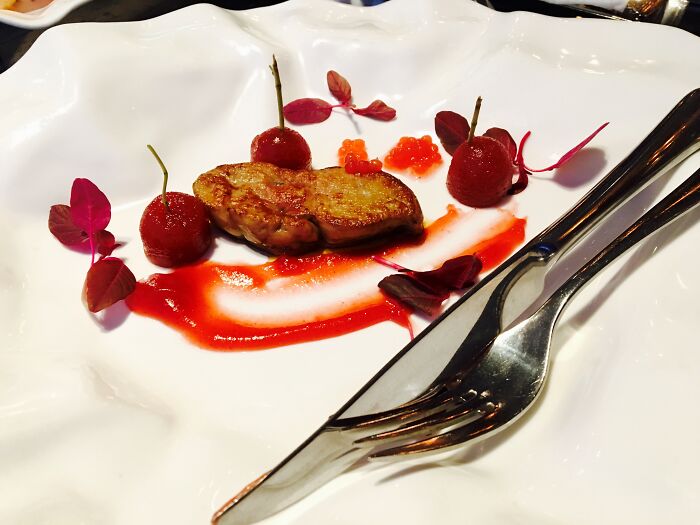 Foie gras serving with red sauce and garnishes on a white plate, featuring banned foods in the USA.