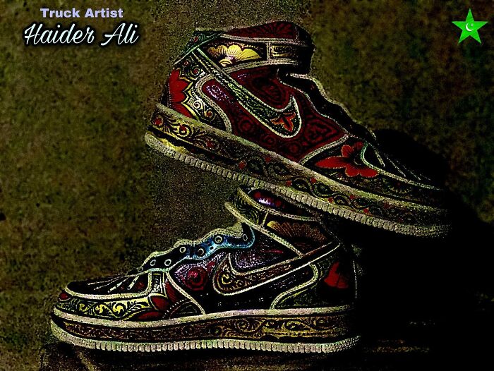Artist Haider Ali’s shoes decorated with colorful, intricate patterns turning footwear into stunning works of art.