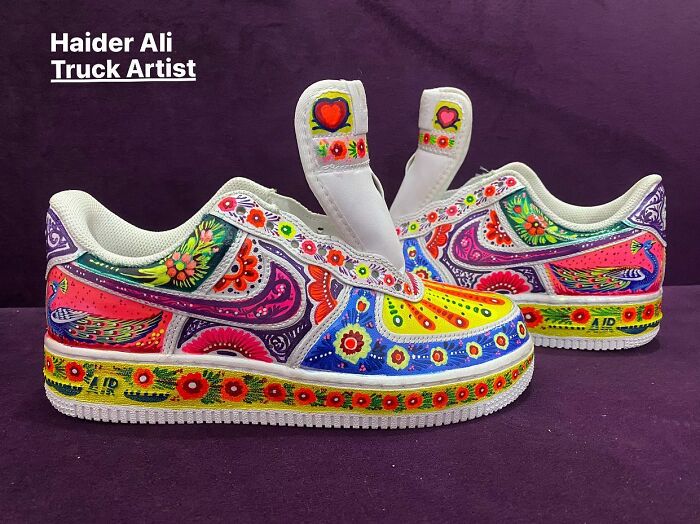 Colorful, intricate patterned shoes painted by artist Haider Ali showcasing vibrant, detailed designs on sneakers.