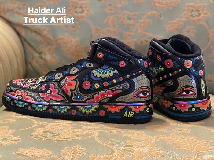 Custom hand-painted shoes featuring colorful, intricate patterns by an artist known for turning objects into stunning works of art.