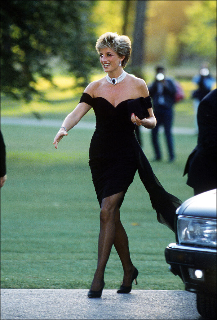 Princess Diana in an elegant black dress and pearl necklace, showcasing fascinating facts about the royal icon.