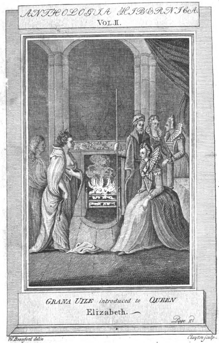 Engraving showing Grace O’Malley introduced to Queen Elizabeth in a historical setting with detailed period clothing.