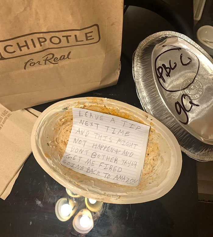 Empty Chipotle bowl with a handwritten note demanding a tip to avoid getting fired, highlighting tipping culture issues.