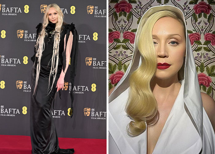 Actriz en alfombra roja y retrato artístico mostrando peculiaridades únicas de celebridades destacadas.